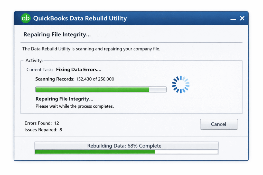 QuickBooks Data Rebuild Utility repairing file integrity
